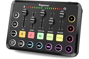 Wegrower Rechargeable Audio Mixer for Gaming & Podcasting - 48V Phantom Power, Dual Mic Inputs, RGB Lighting, 1-Click Noise Cancel, Voice Changer, Plug & Play (W-11)