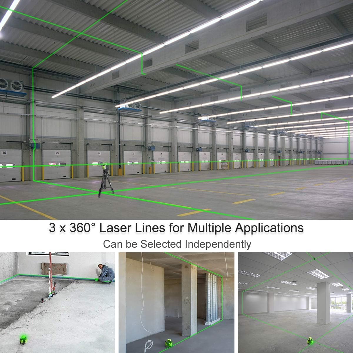 Kreuzlinienlaser, Huepar 3 x 360° Laser Wasserwaage Selbstnivellierenden, Kreuzlinienlaser Grün 12 Linien Laser, Linienlaser kreuzlaser Baulaser für Innenbereich Baustelle(mit Lithium-Batterie), B03CG 3