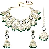 Aheli Gold Plated Kundan Studded Ethnic Choker Necklace Dangle Earrings Maangtikka Set Traditional Fancy Jewellery Gift for Women