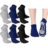Fourluoo 6 Pairs Women Toe Socks Non Slip Yoga Socks with Grip Men Pilates Toe Socks for Dance Gym