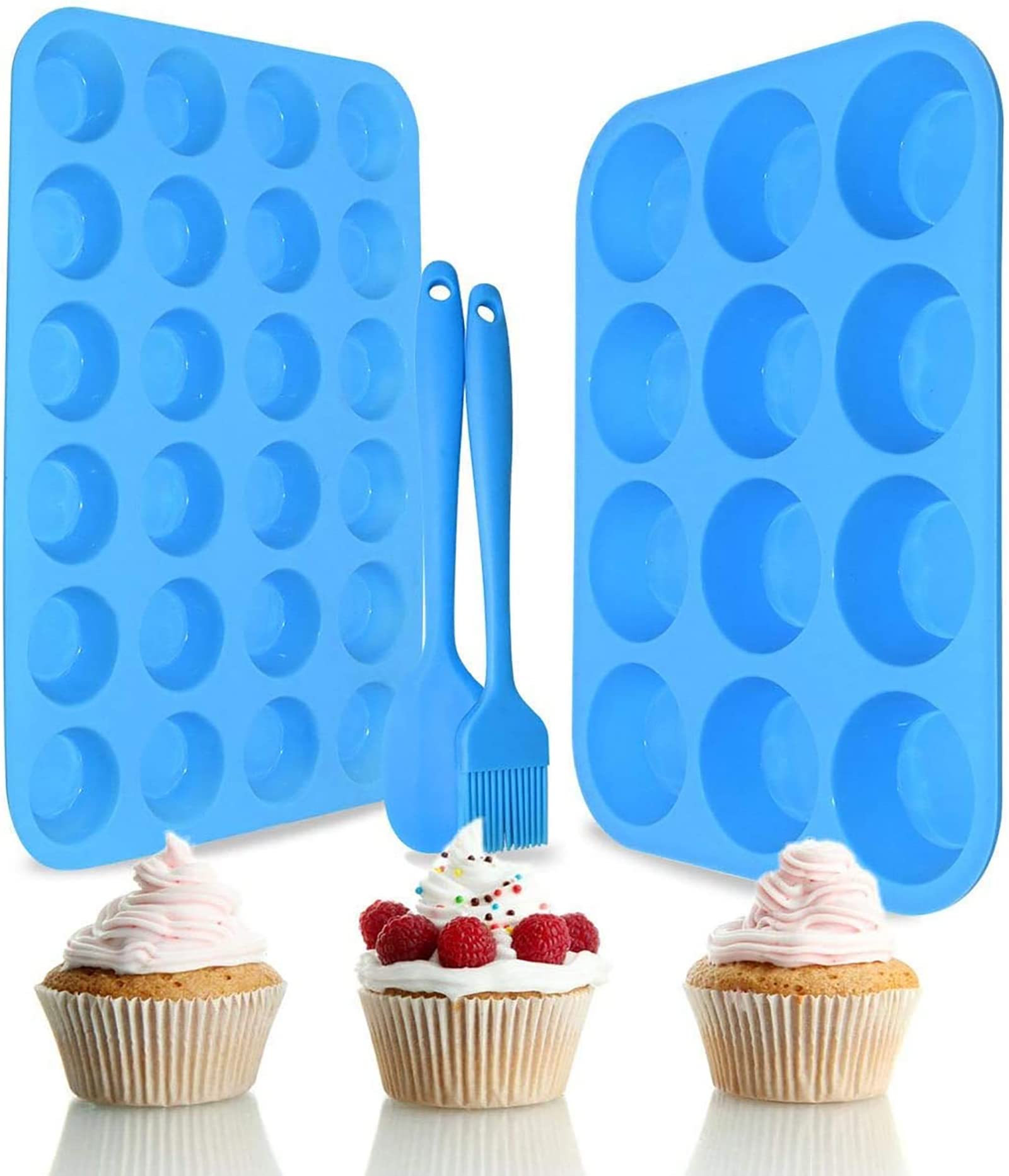 2-Pack Silicone Muffin Pan Set for Baking Regular 12 Cups Deep Muffin Tray and 24 Cups Mini Cupcake Baking Mould, BPA Free, Non Stick, Heat-Resistant with Bonus 1 Silicone Spatula & 1 Oil Brush