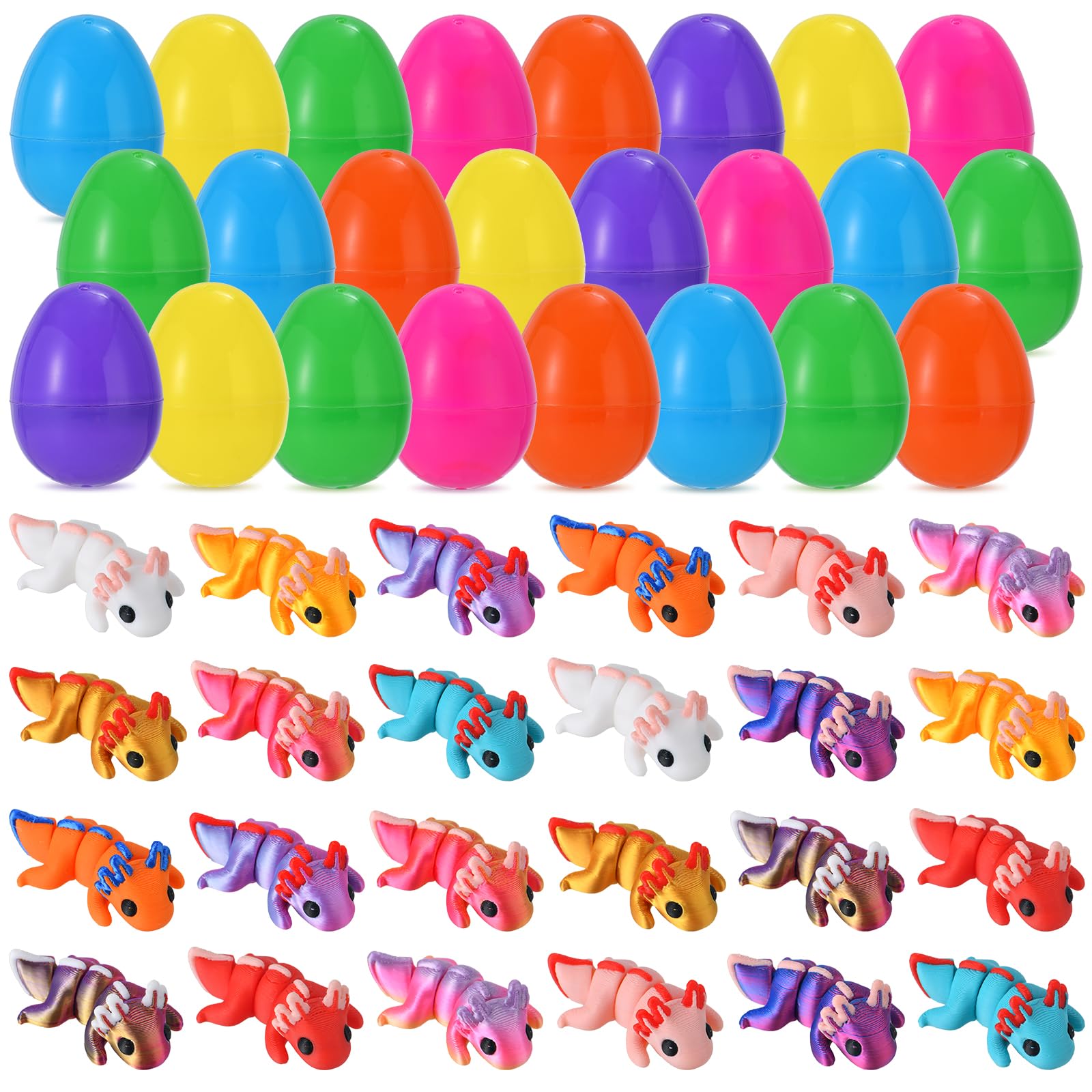 EFLSJIO 24 Pack Prefilled Easter Eggs with 3D Printed Axolotl Toys Figurines Set, Articulated Fidget Toys for Kids Boys Girls Easter Egg Hunt Fillers Easter Basket Stuffers Axolotl Party Favor