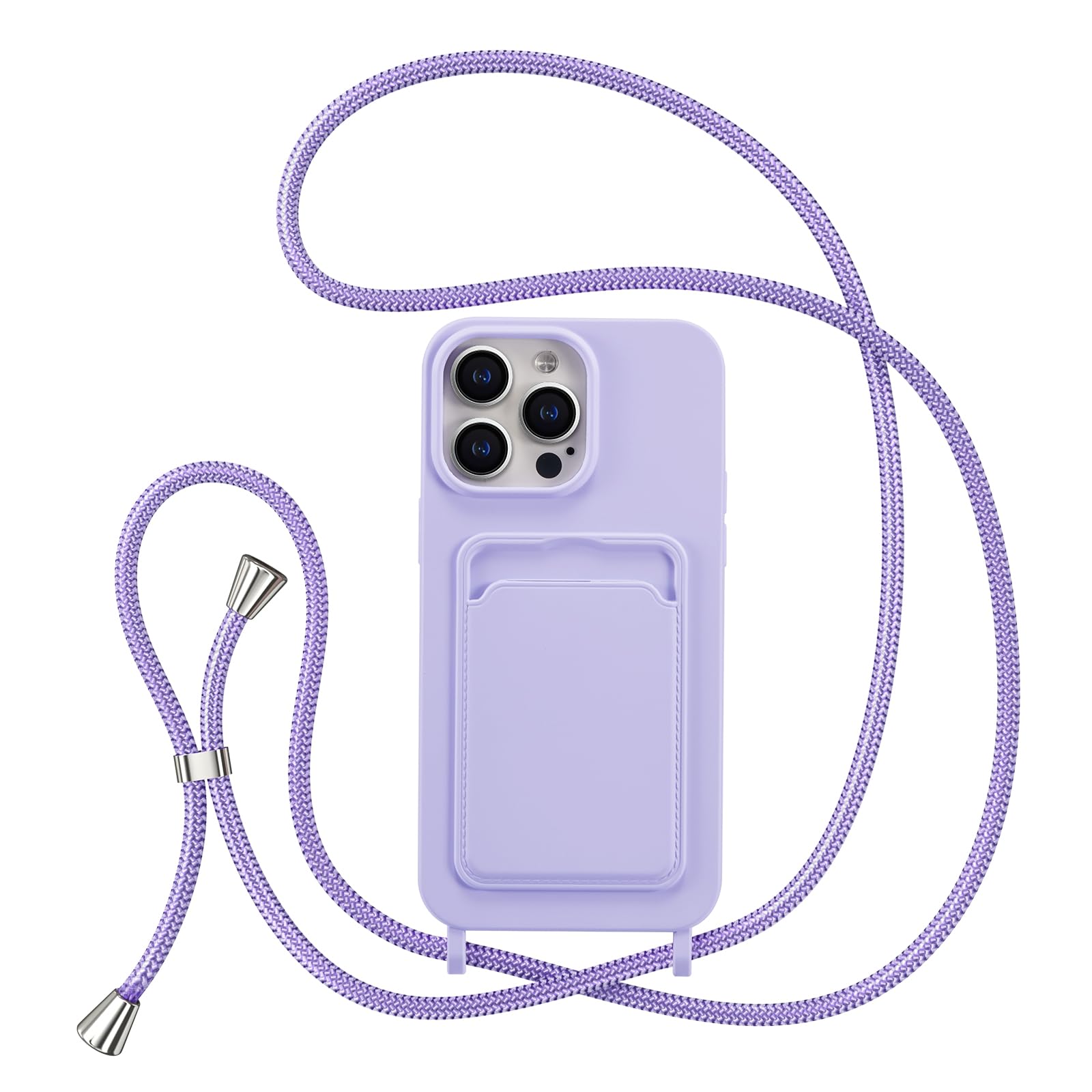 ZTOFERA Crossbody Lanyard Case for iPhone 15 Pro Max (6.7") with Card Holder, Soft Liquid Silicone Phone Case with Strap Adjustable Neck Cord Necklace Shockproof Protective Cover - Purple