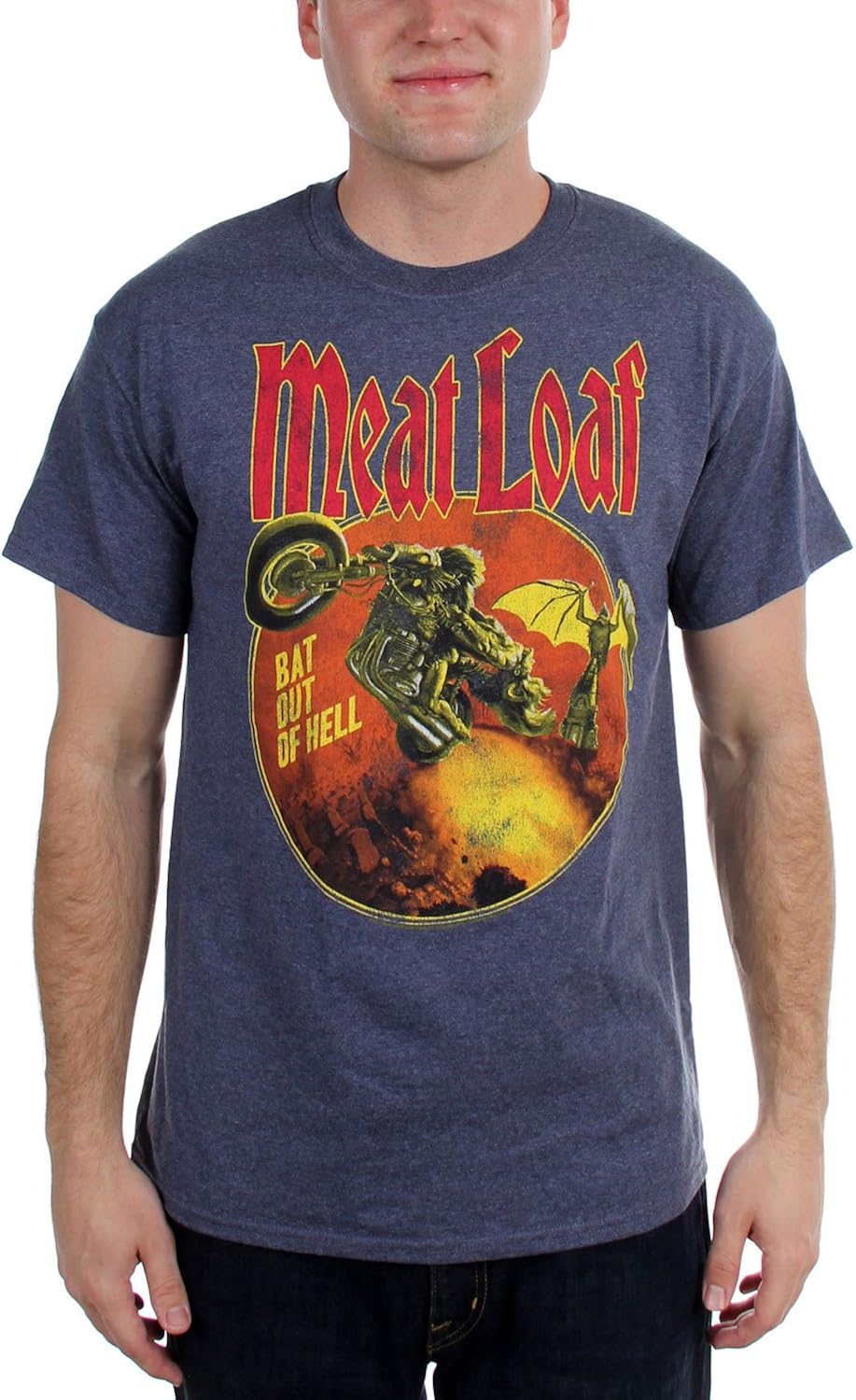 Meatloaf Mens Bat Out Of Hell TShirt, XXLarge, Heather Navy Amazon.co.uk Clothing
