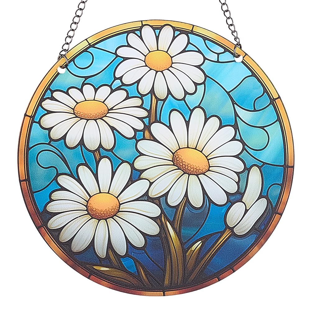 CREATCABIN Flower Suncatcher Stained Glass Window Hangings Acrylic Window Suncatcher Panel Decor White Blue Flower Wall Art Stained Glass Sun Catcher for Windows Hangings Ornament Gift 6x6Inch