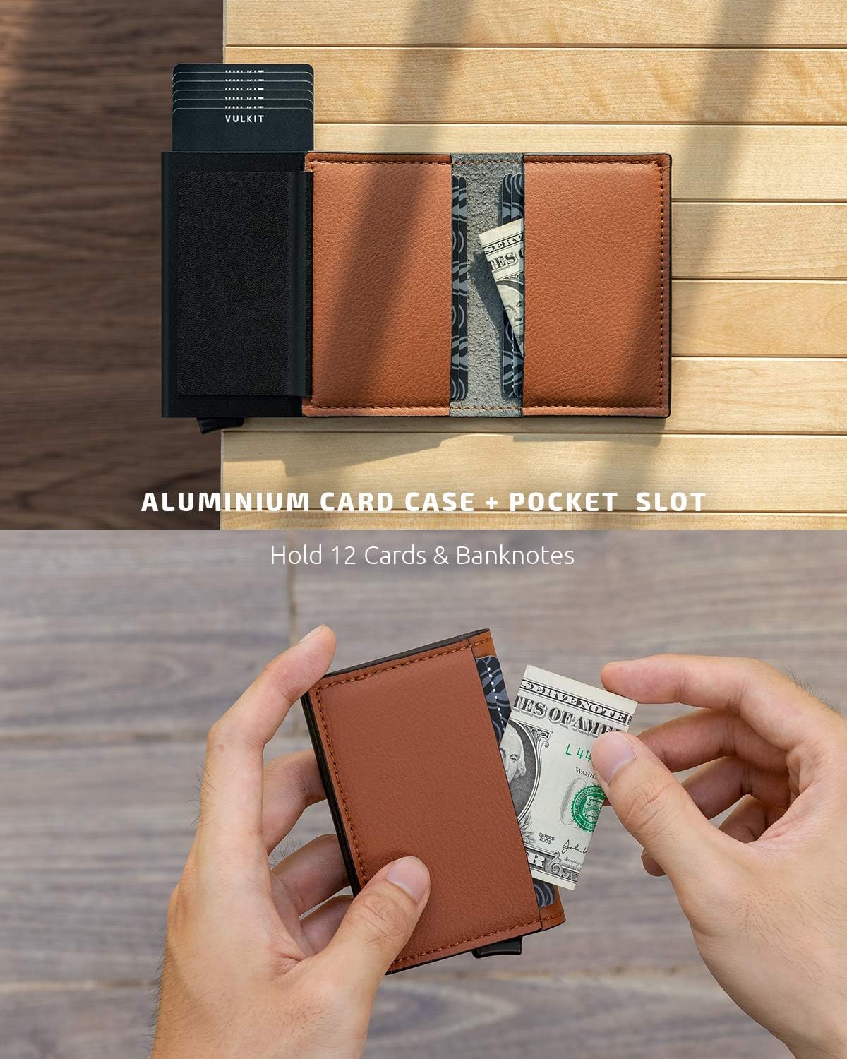 VULKIT Credit Card Holder for Men Leather Card Wallet RFID Blocking Pop Up Metal Bank Card Case with 3 Slots for Cards & Notes, Brown - Image 5