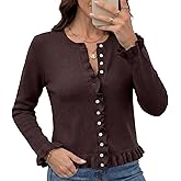 Simlakey Womens Cropped Cardigan Sweaters Ruffle Hem Crew Neck Button Down Sweater Cute Long Sleeve Cropped Knit Tops