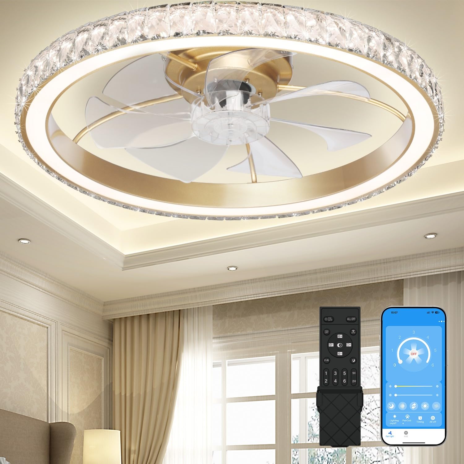 Photo 1 of ***UPDATED 5/2***Aipsun Low Profile Modern Crystal Chandelier Ceiling Fans with Lights and Remote, 3000K-6500K Smart Bladeless LED Fan Light, 26" Gold Modern Ceiling Fans with Lights for Bedroom