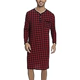 Yukiuiny Men's Plaid Long Sleeve Nightshirt Knee-Length Sleepwear with Chest Pocket Sleepwear