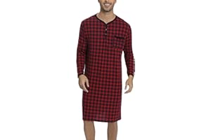 Yukiuiny Men's Plaid Long Sleeve Nightshirt Knee-Length Sleepwear with Chest Pocket Sleepwear