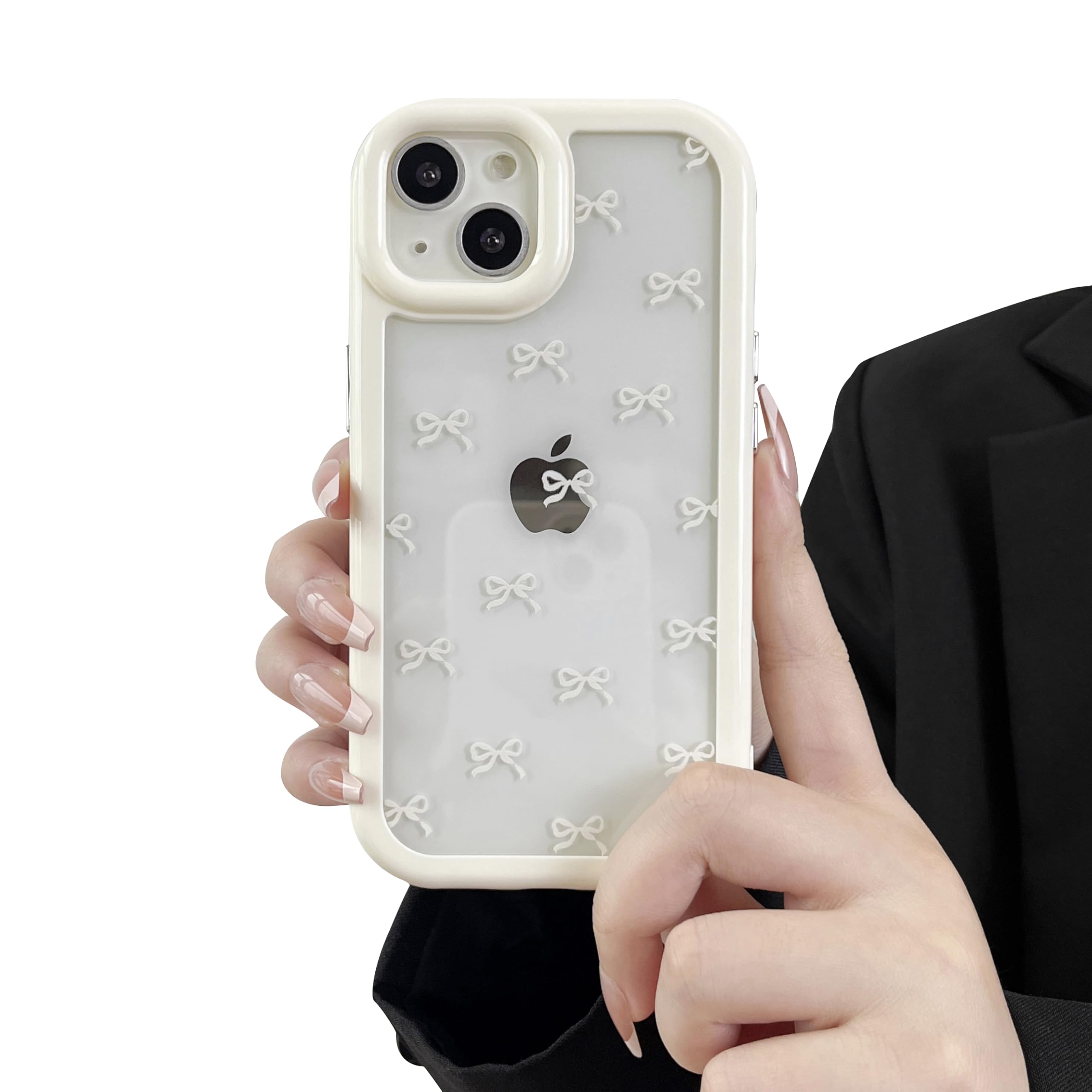 Photo 1 of ZTOFERA for iPhone 13/iPhone 14 Phone Case,Aesthetic Ribbon Bowknot Pattern Design for Girl Women,Anti-Yellowing Clear Hard PC Back,Anti-Drop Shockproof Protective Phone Cover for 13/14-Beige