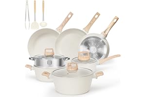SODAY Pots and Pans Set Non Stick, 13 Pcs Kitchen Cookware Sets White Granite Nonstick Cooking Set with Frying Pans, Saucepans, Steamer Silicone Shovel Spoon & Tongs (PFOS, PFOA Free)