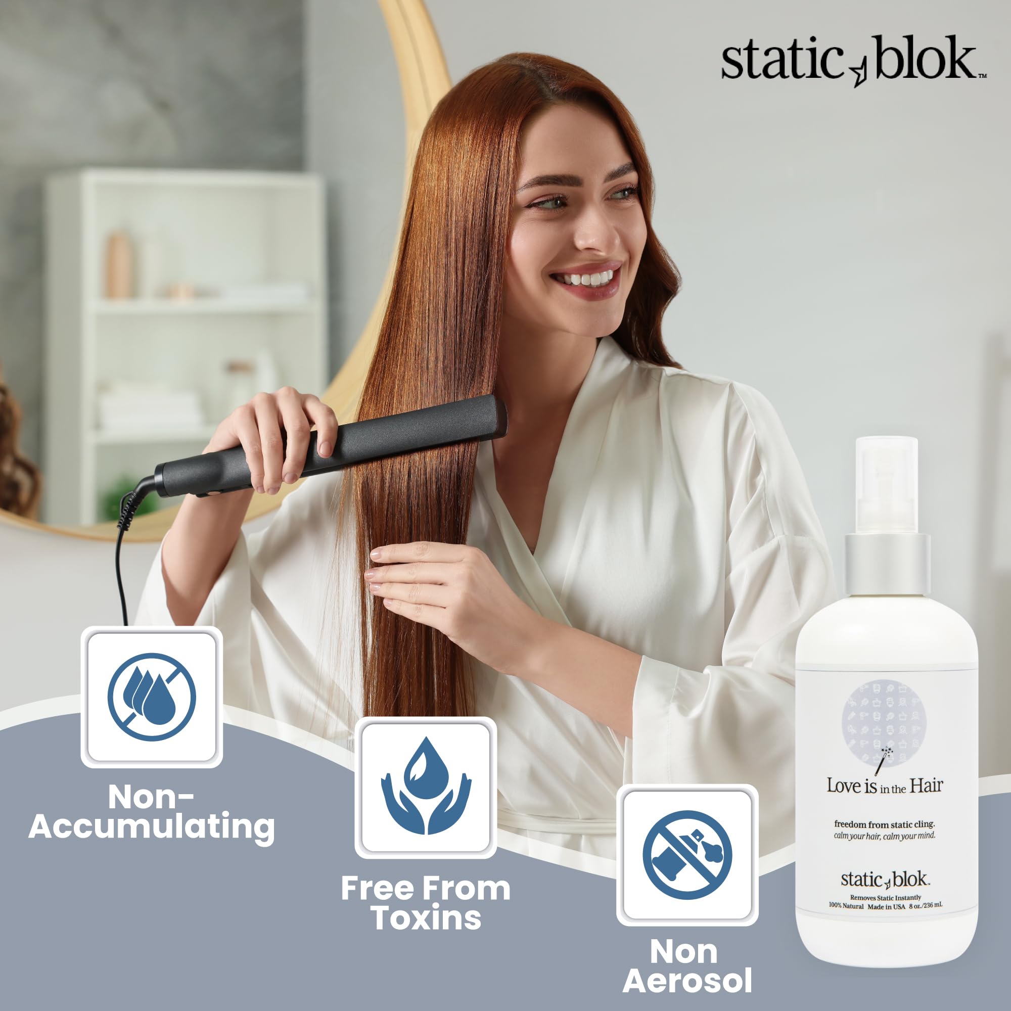 Static Blok Anti-Static Spray for Hair - Instantly Eliminate Static Cling, Shocks, Flyaways - Long-Lasting All-Day Freshness - works on Natural and Synthectic Wigs - 8oz