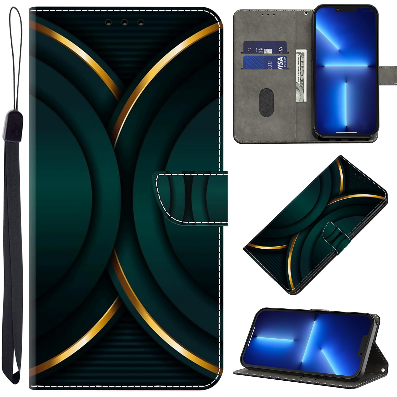 GLANDOTU Motorola Moto G22 6.5 inch Phone Case, Stand Flip PU Leather Case with [Credit Card Holder],Folio Book Protective Cover Case for Motorola Moto G22 Case-Golden Arcs