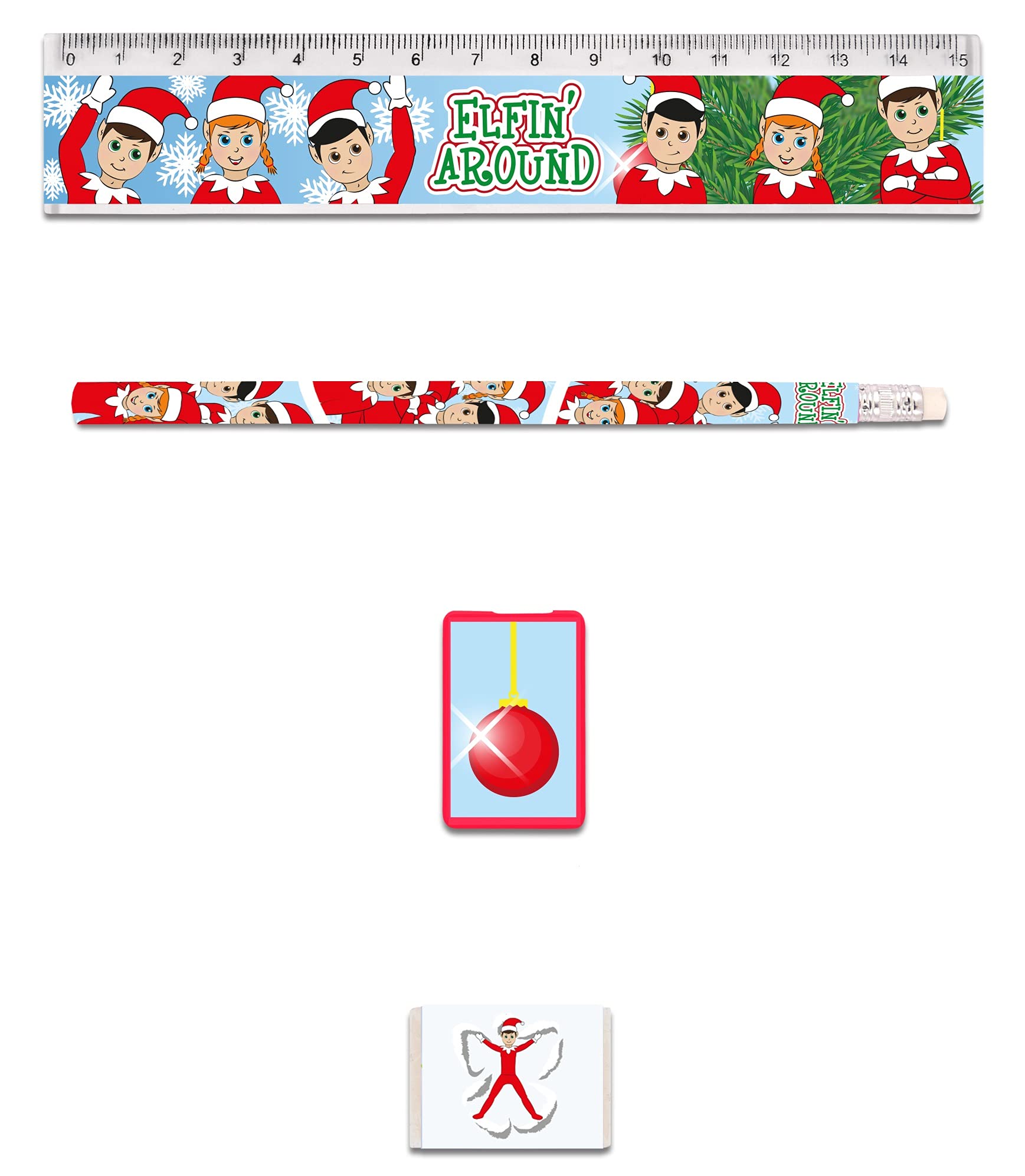 HENBRANDT 2x Children’s Elfin Around Christmas Stationery Set 4 Piece School Classroom Pencil Set for Children Kids Xmas Party Bag Favours Loot Bag Fillers Lucky Dip Stocking Fillers