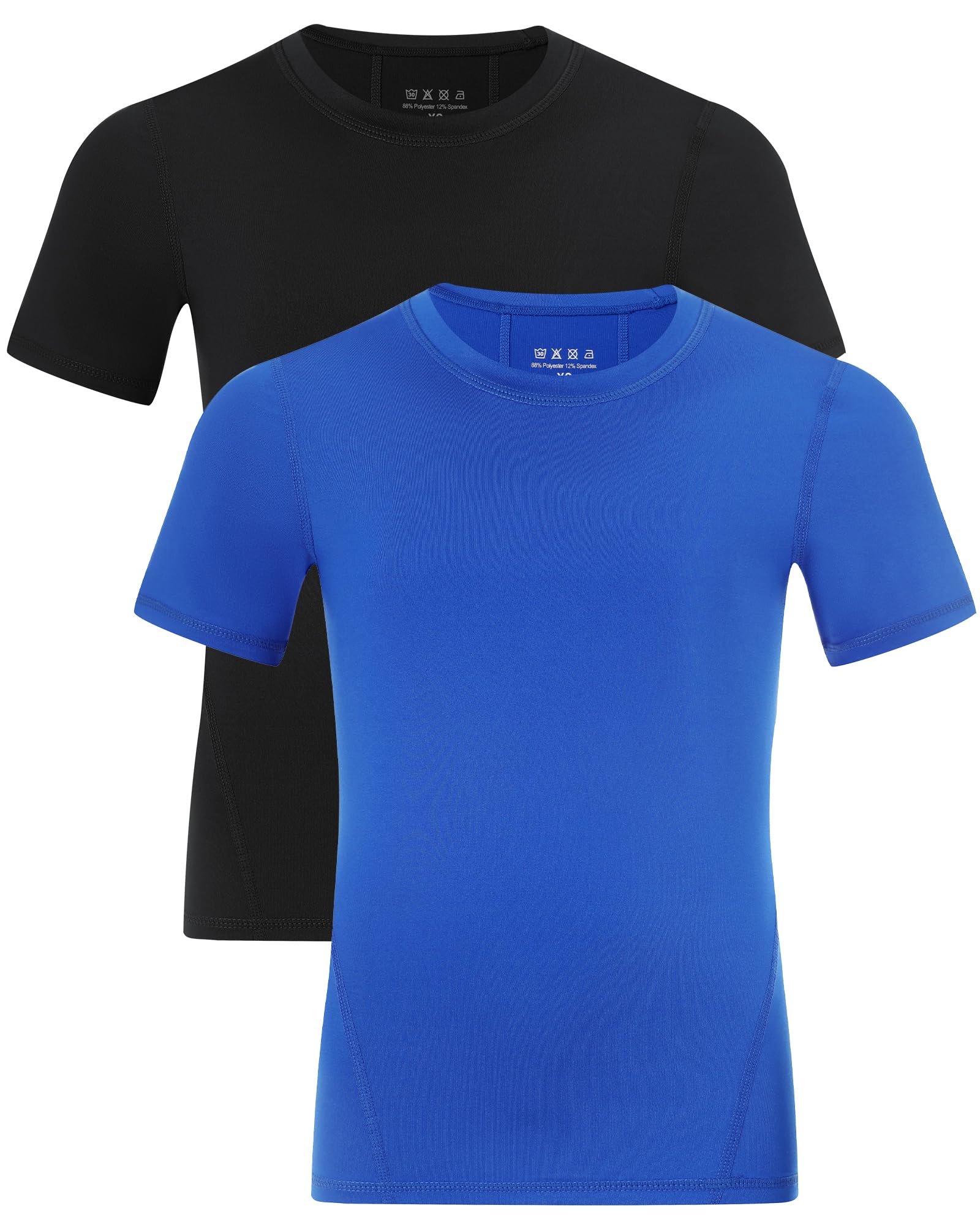 Photo 1 of Poekuao 2 Pack Boys Compression Shirt Short Sleeve Youth Athletic Undershirt Kids Quick Dry Base Layer T-Shirt for Football Basketball Baseball Black+Royal Blue L