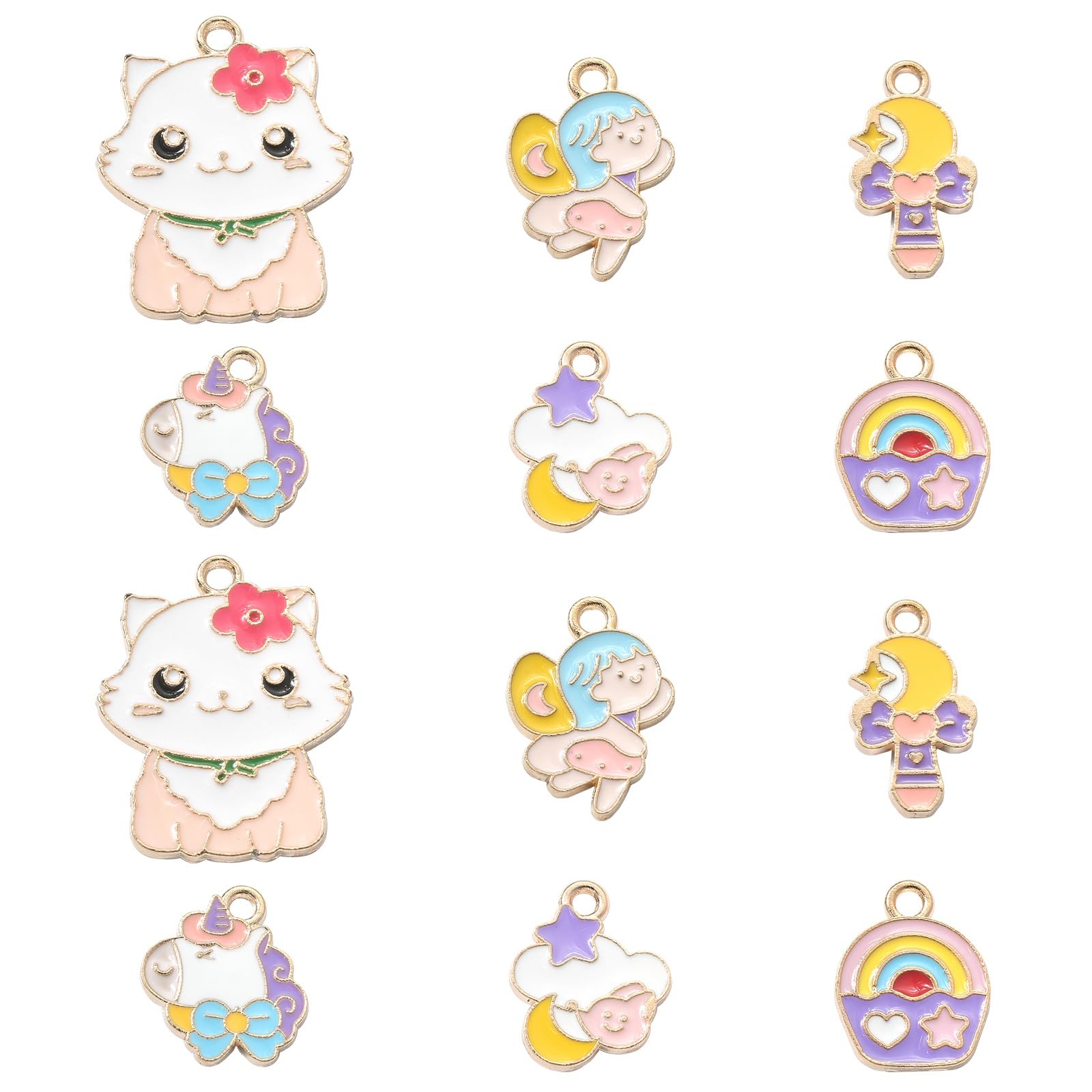 Stiesy 60Pcs 6 Styles Cartoon Enamel Charms Pendants Cute Cat Unicorn Rainbow Cake Magic Stick Dangle Charms for Jewellry Making DIY Crafts