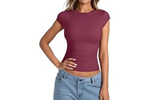 Summer T Shirt for Women 2026 Fashion Round Neck Short Sleeve Tees Slim Fit Comfy Beach Vacation Casual Ribbed Tops