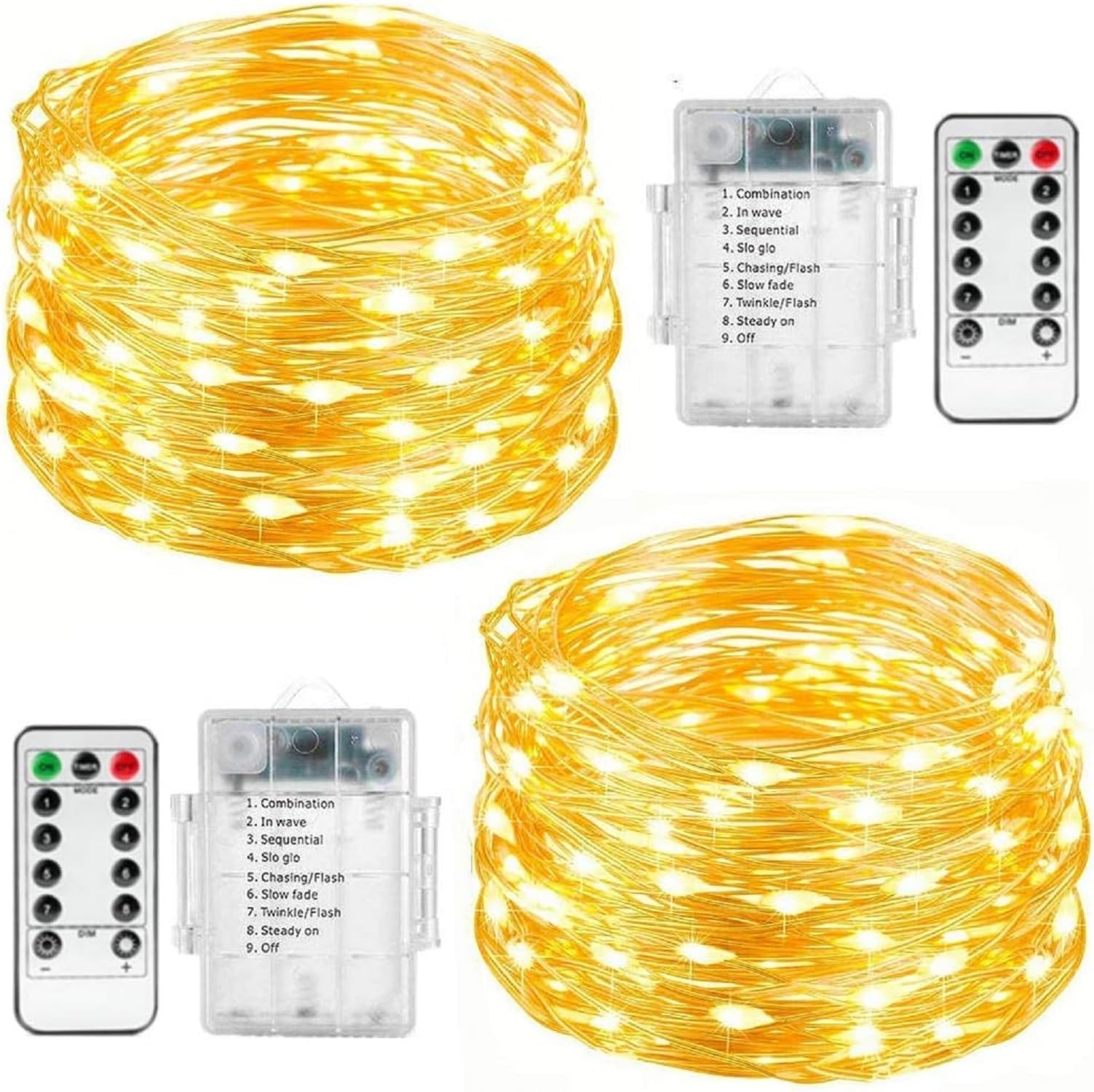 FANSIR Fairy String Lights, 2 Set Total 66ft 200 Led Fairy Lights Battery Operated Copper Wire Light with Remote 8 Modes Waterproof Light for Home Bedroom Party Christmas Tree Decor (Warm White)