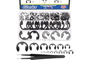 Glarks 211pcs 65MN-Steel E-Clips Retaining Rings Assortment Set 14 Sizes E-Ring Circlip Rings Heat Treated External Retaining