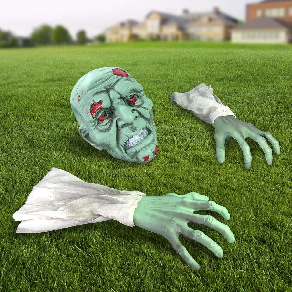 Halloween Decorations - Halloween Realistic Zombie Face and Arms Lawn Stakes - Plastic Green Skeleton Bone Head and Hands Garden Yard Stakes for Haunted House Graveyard, Cemetery, Coffin Party: Garden & Outdoor