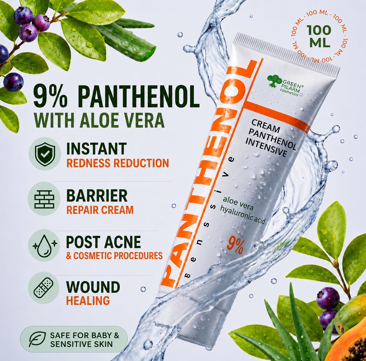 9% Intensive Panthenol-Creme mit Aloe Vera & Hyaluronsäure | Tiefenbefeuchtung, Nach Sonne & Tattoo Pflege, Haartransplantation & Babypflege für alle Hauttypen, 100 ml 3