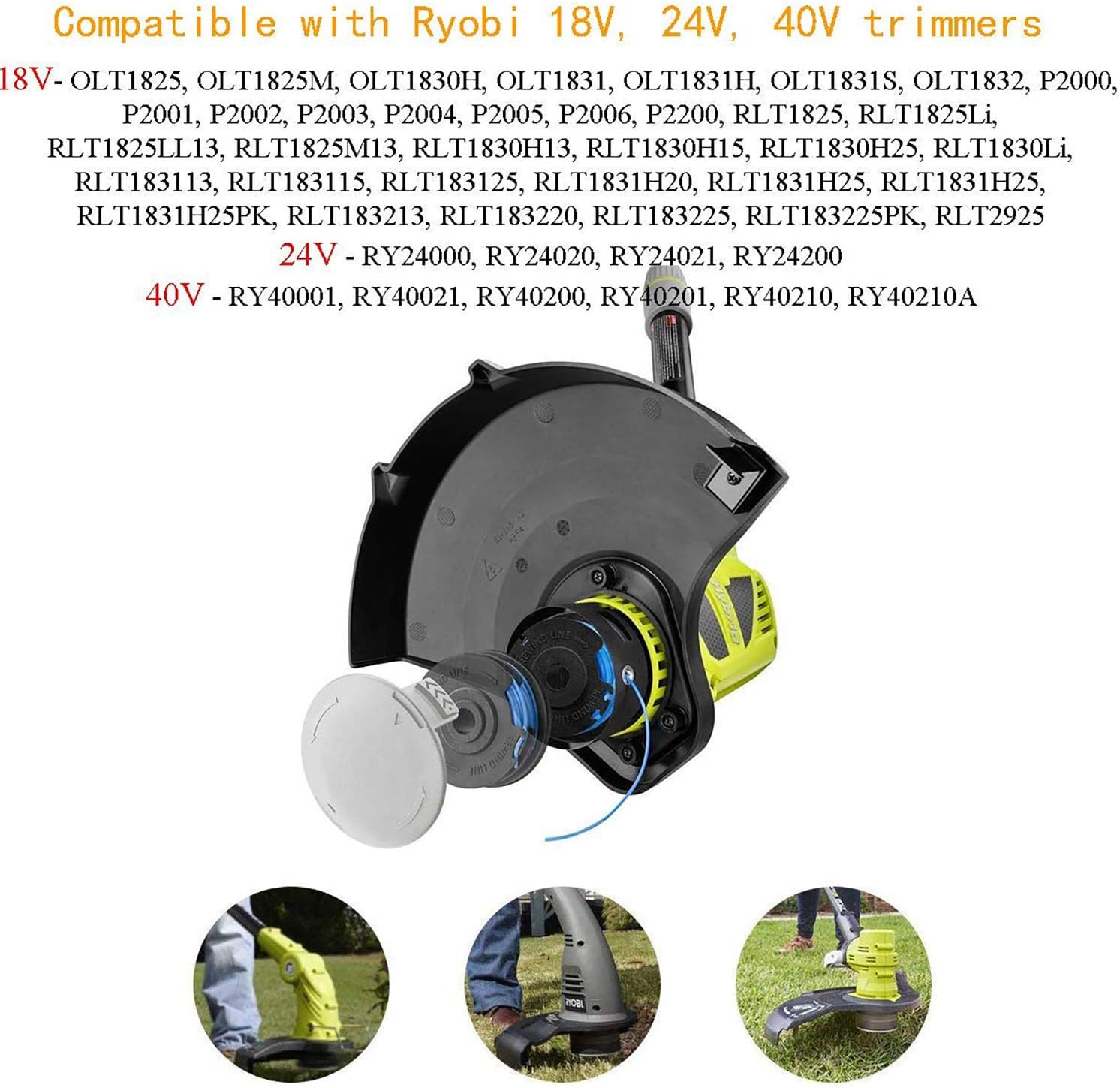 Thten String Trimmer Spool Replacement for Ryobi One Plus AC14RL3A 18V 24V 40V 11ft 0.065" Auto Feed Cordless Weed Eater Spools Line with AC14HCA Cap Covers Parts (6 Spools, 1 Cap) : Garden & Outdoor