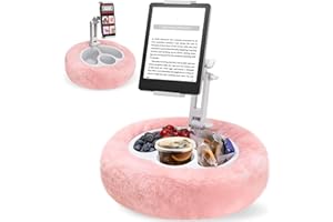 Tablet Pillow Stand, 360° Rotating Kindle Pillow Holder with 3 Detachable Snack Bowl, Soft Plush Fabric, Compatible with 4.7"
