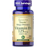 Puritan's Pride Premium Sunvite&trade; Mega-Potency Vitamin D3 5,000 IU | Dietary Supplement for Healthy Bones, Teeth, and Immune System Support, 200 Rapid Release Softgels (Packaging May Vary)