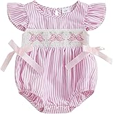 Licupiee Infant Girl Smocked Baseball Romper Newborn Baby Summer Clothes Embroidery Bow Fly Sleeve Bodysuit Tops