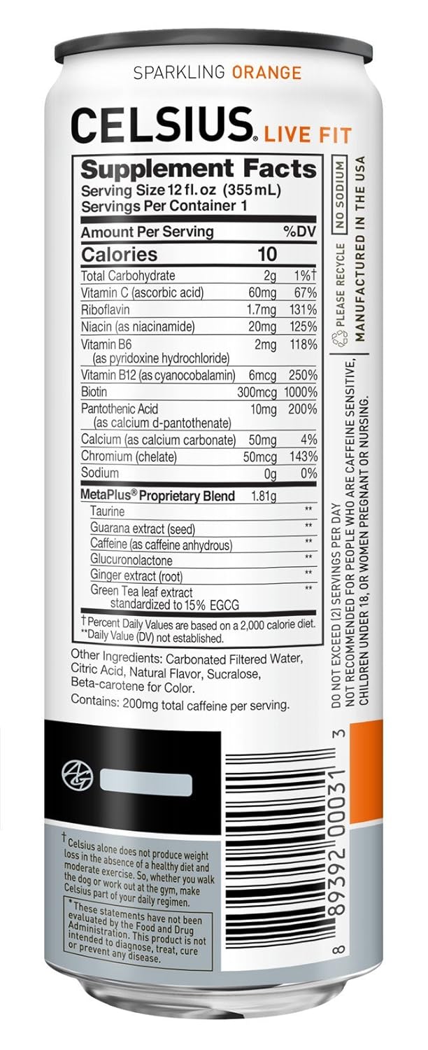 CELSIUS Sparkling Orange Fitness Drink, Zero Sugar, 12oz. Slim Can (Pack of 12) : Bottled Iced Tea Drinks : Grocery & Gourmet Food