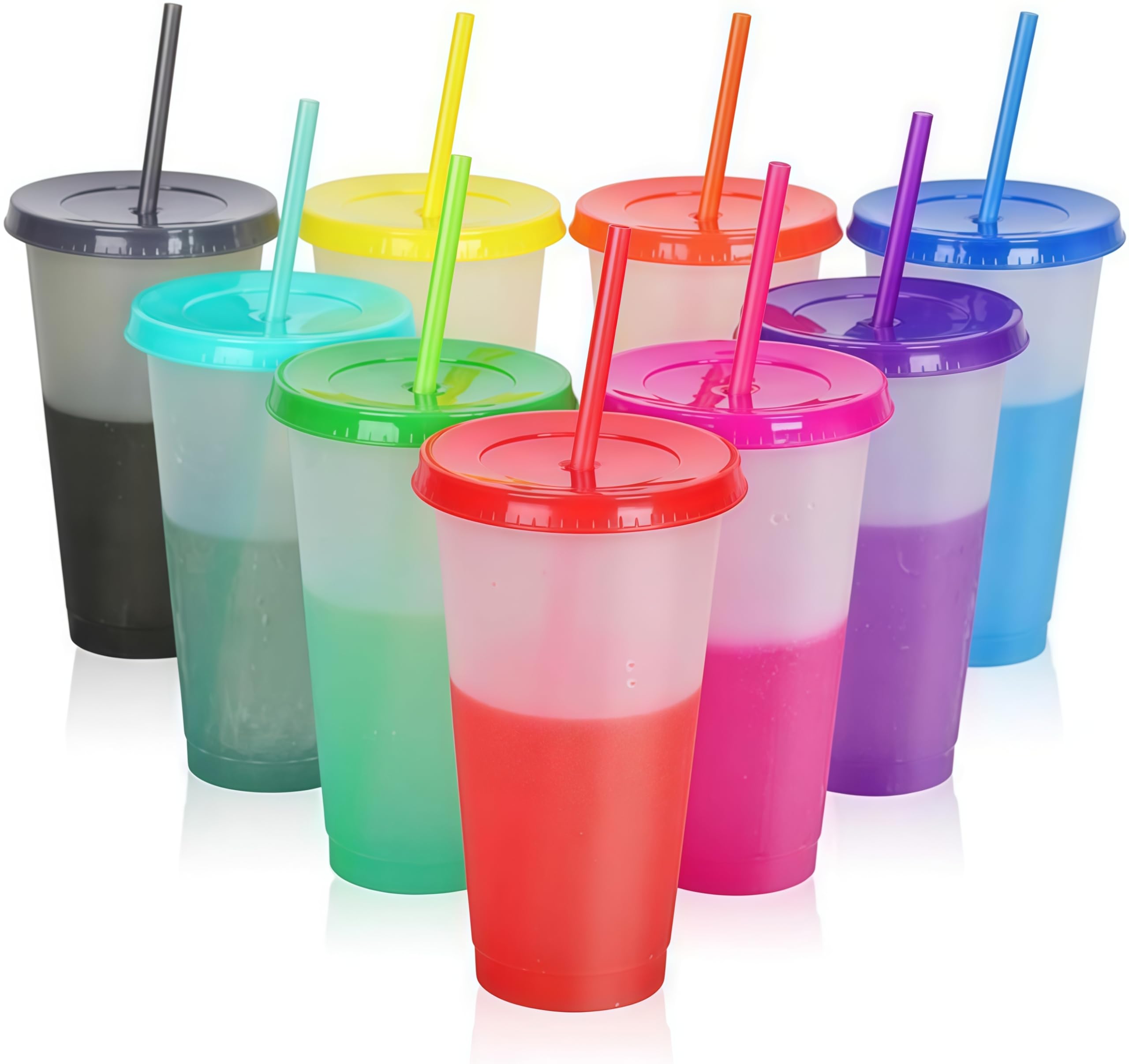 MEETOZ Reusable Plastic Cups with Straws & Lids, 10Pcs 24oz Iced Water Colour Changing Cups, for Cute Durable Travel Party Cup for Adults
