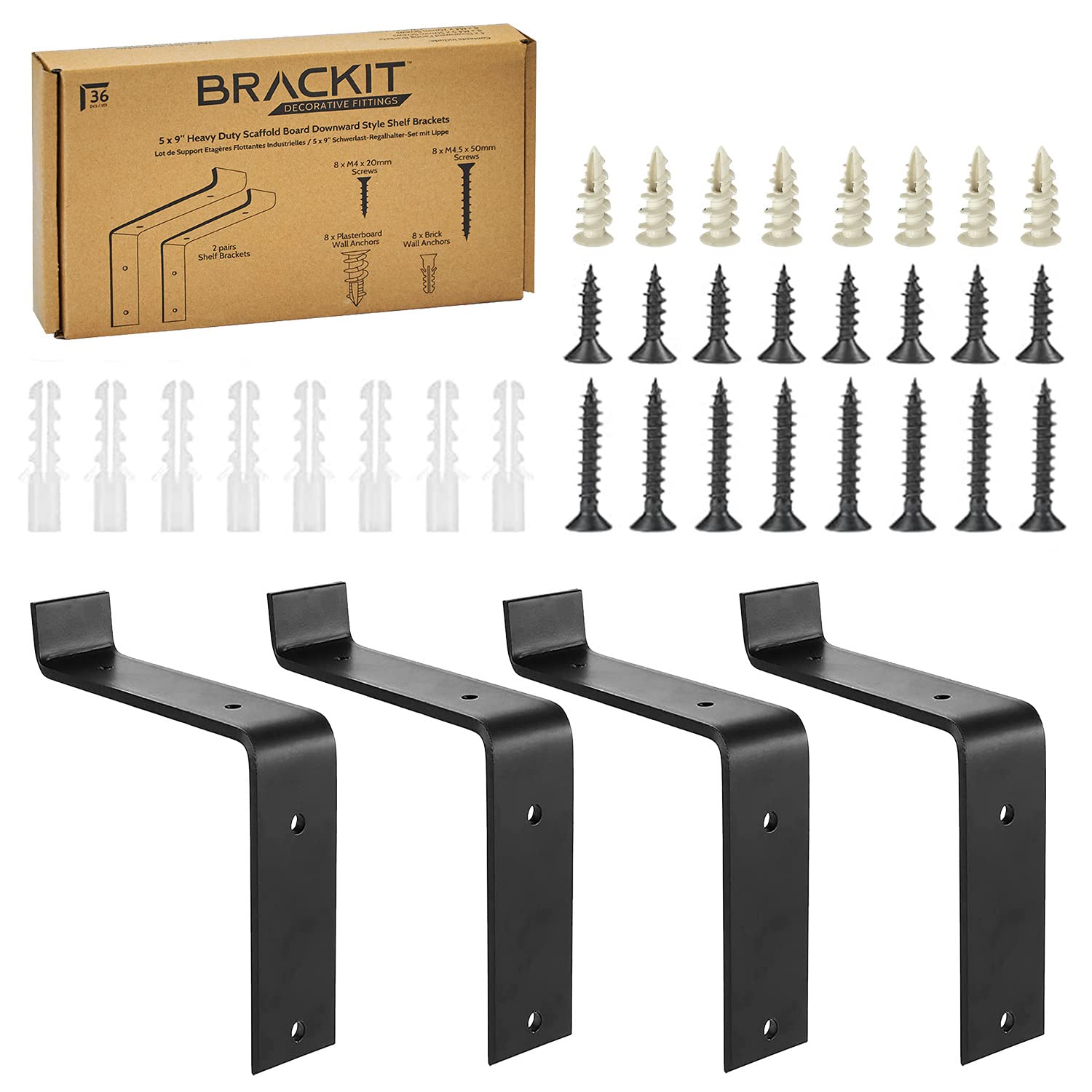 Brackit 4 Scaffold Shelf Brackets and Fixing Set Including Screws and Wall Anchors – 5 x 9” (225mm x 115mm) - Heavy Duty Black Matt Support for Home, Office or Garden