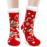 LGFKJNNJ Cozy Christmas Slipper Socks for Women, Red Fuzzy Non-Slip Winter Socks with Xmas Gingerbread Design, Plush Lined Holiday Grip Footwear,Cute Christmas Socks