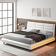 HOSTACK Upholstered Bed Frame with Smart LED, PU Low Profile Sleigh Platform Bed with Adjustable Headboard, Modern Mattress Foundation with Wood Slats, Lights Sync With Music (White, Queen Size)
