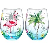 NymphFable Set of 2 Flamingo Stemless Gin Cocktail Glass Tumbler Hand Painted Wine Glass Flamingo Gifts for Women with Gift Box, 18oz
