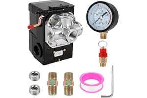 Air Compressor Pressure Switch 135-175 PSI, 4 Ports 20 Amp with 0-200 PSI Gauge and Brass Safety Valve, 1/4" NPT Replacement 