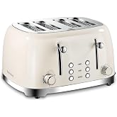 4 Slice Toaster Roter Mond Retro Stainless Steel with Bagel Defrost Cancel Function, 6 Browning Settings, Extre Wide Slot and Removable Crumb Tray, Cream, ST033