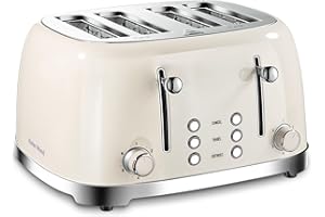 4 Slice Toaster Roter Mond Retro Stainless Steel Toasters with Bagel Defrost Cancel Function, 6 Browning Settings, Cream, ST033