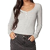 Women Striped Long Sleeve Shirt V Neck Button Up Casual Basic Y2K Slim Fitted Crop Tops