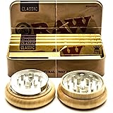 Raw Classic Tobacco Tin | 4 Raw Classic King Size Rolling Papers | 2 Books of Raw Rolling Tips | 55 mm Wooden Herb Grinder with Zinc Alloy Teeth