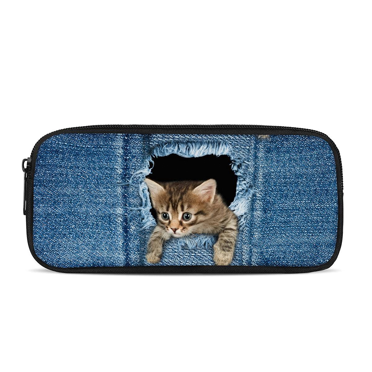 Biyejit Pen Bag Cute Denim Pocket Cat Print Smooth Zip Pencil Case Pencil Pouch for Kids Boys Girls Stationery Pouch School Supplies Adults Office Organizer Makeup Bag Pencil Bag