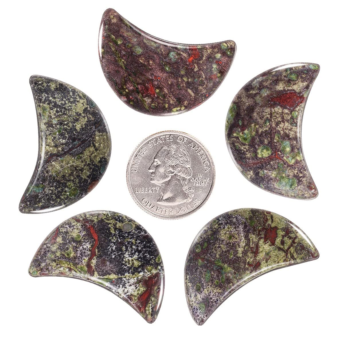 KYEYGWO 5pcs Hand Carved Half-Moon Palm Pocket Stones, Polished Crystal Stone Set for Home Office Decoration DIY or Jewelry Making, Dragon Blood Stone