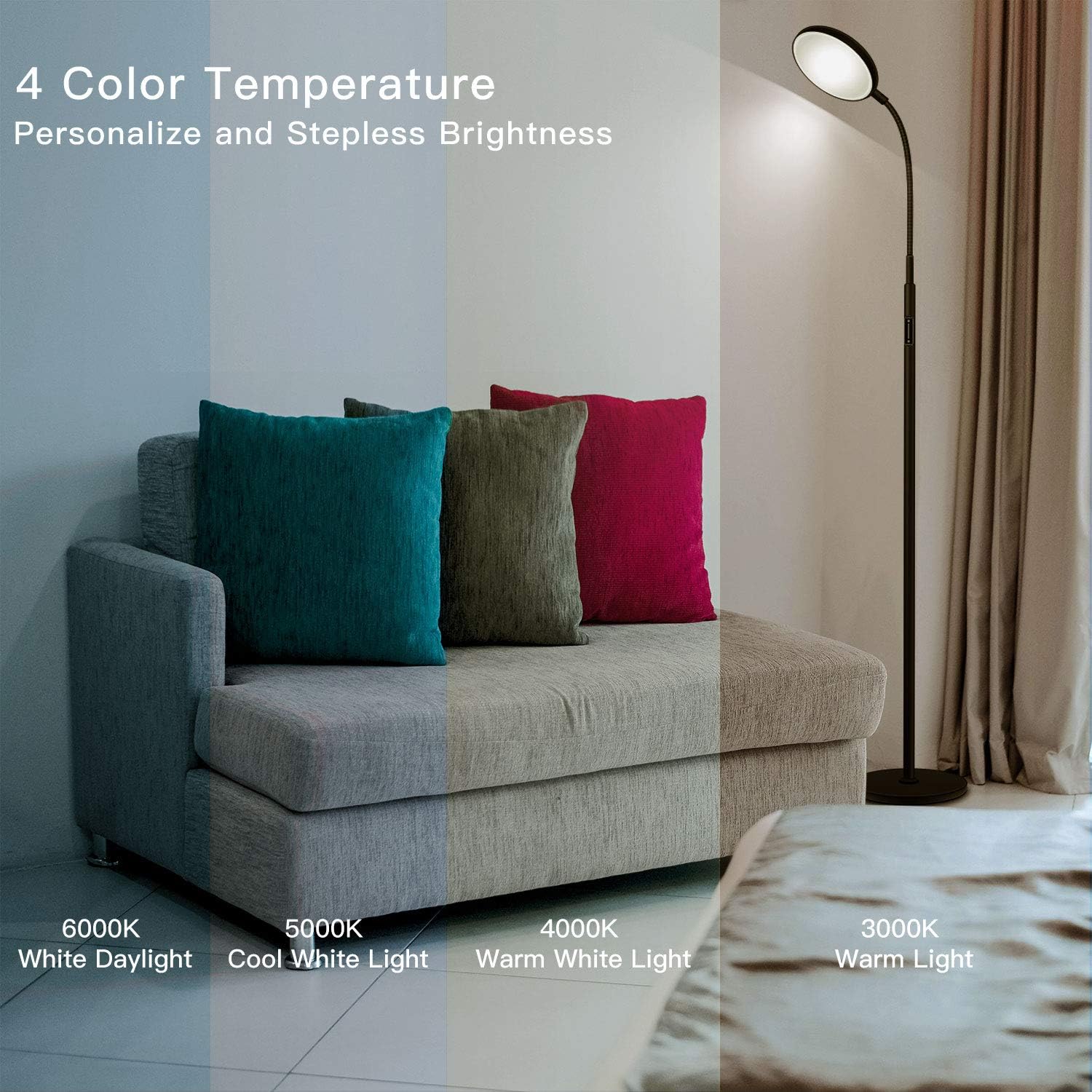 Floor Lamp - JOOFO LED Floor Lamp, Remote & Touch Control & 1 Hour Timer Reading Standing Lamp,4 Color Temperatures with Stepless Dimmer Torchiere Floor Lamps for Living Room Bedroom Office (Black): Home Improvement