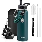 RAYMYLO Insulated Water Bottle 40 oz, Triple Wall Vacuum Stainless Steel (Cold for 48 Hrs), Leak Proof & Non-BPA, Modern Water Flask Jug with Paracord Handle & Straw Spout Lids, Dark Green