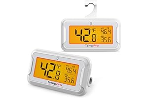 TempPro Refrigerator Thermometer 2 Pack with Large Backlit LCD Display, Waterproof Freezer Fridge Thermometer with Max/Min Re