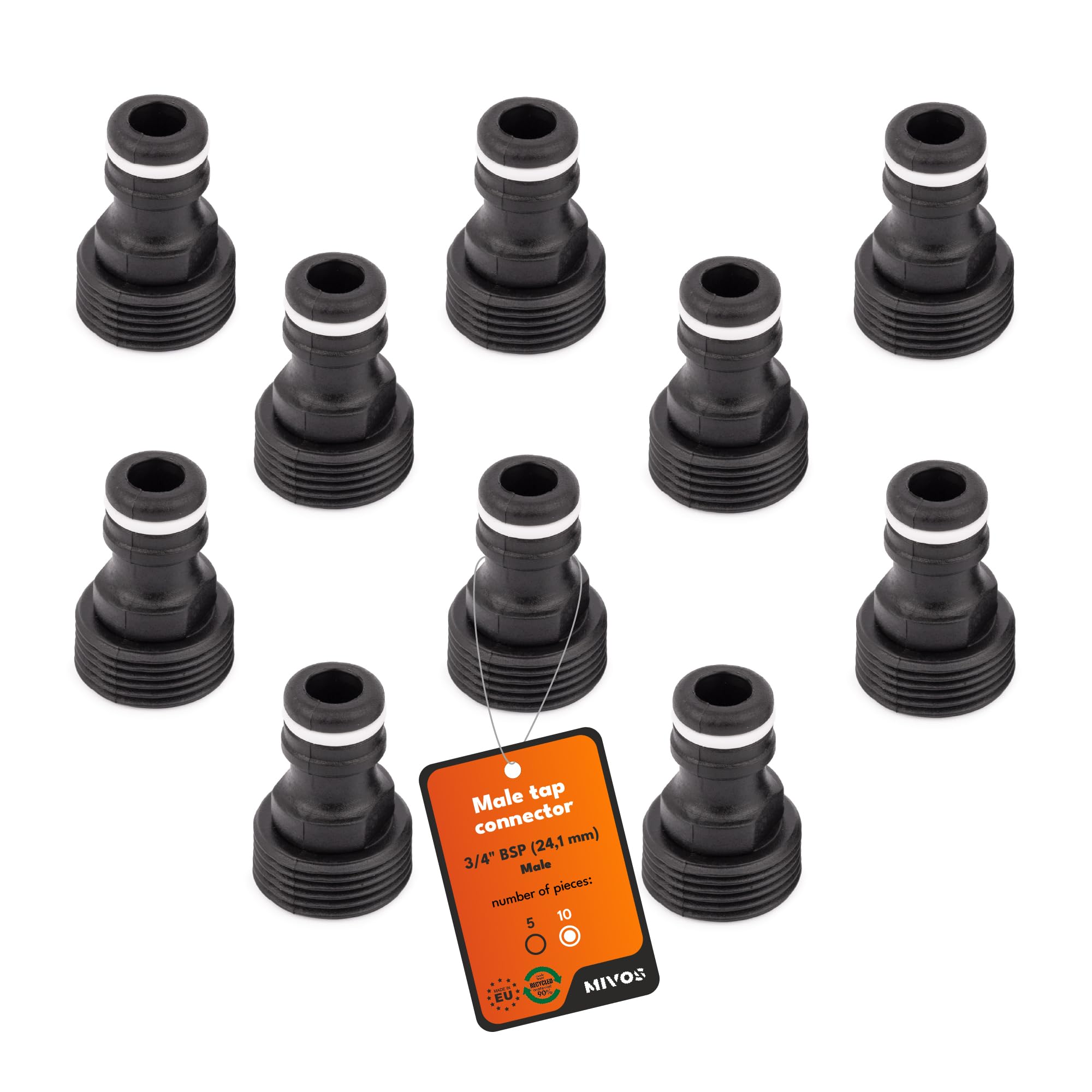 Mivos 10 x Tap Connector for Taps with 3/4 Inch BSP (24.1 mm) Female Thread - Tap Adapter with Quick Coupling for Garden Hose - Made from 90% Recycled Plastic