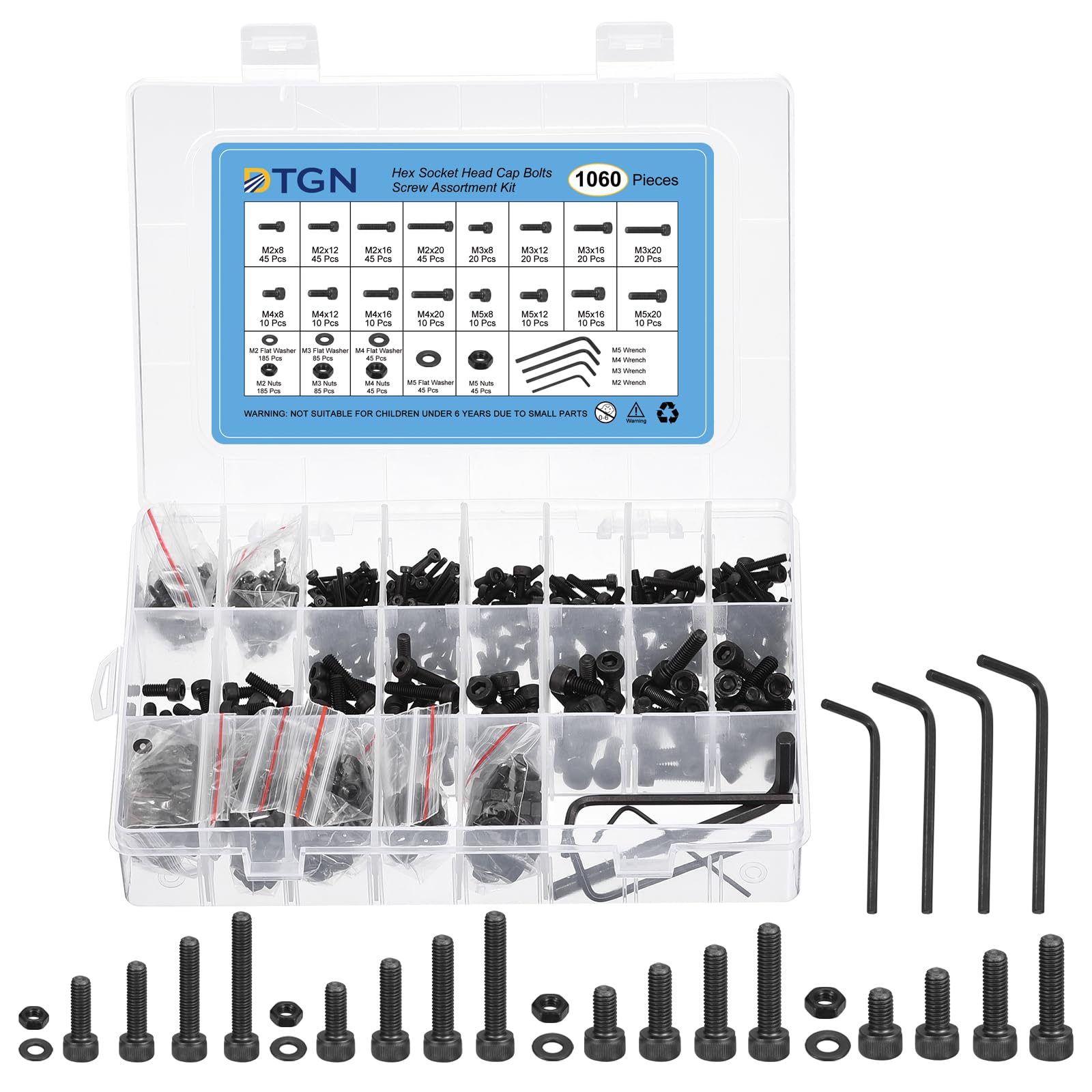 DTGN 1060Pcs Metric Screw Assortment, M2/M3/M4/M5 Bolts and Nuts Kit, 12.9 Grade Steel Steel M2/M3/M4/M5x8/12/16/20mm Hex Socket Head Cap Screws Bolt Set with Washer & Wrench