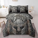 Erosebridal Ancient Viking Queen Comforter Set 7 Piece Viking Warrior Bedding Set for Kids Teen Adults,Black Double Battleaxe Bed in A Bag Nordic Mythology Tribe Sheet Set with Comforter