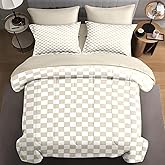 Nesphy Plaid Checkerboard Grid Geometric Beige Comforter Set 7 Pcs Queen Size Quilt, Modern Checkered Op Art Soft Bedding Set with Flat and Fitted Sheet Pillowcases Sham for Adults Bedroom Bed Decor